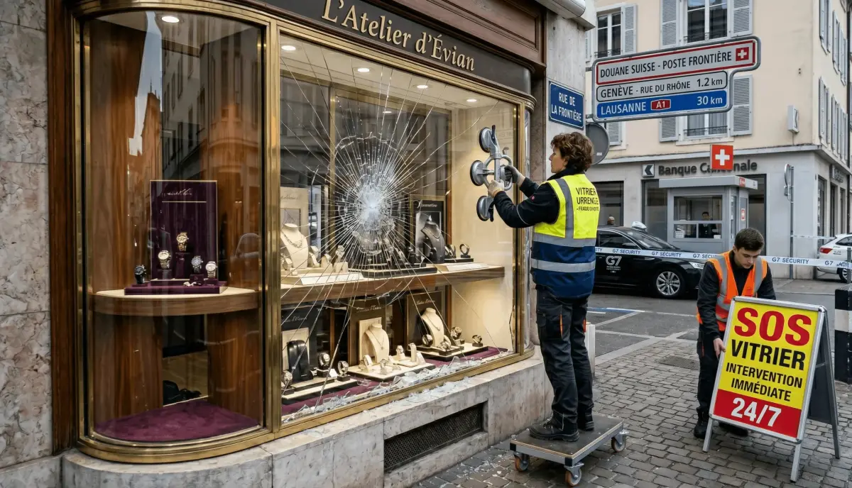 Sécurisation d'une vitrine de commerce près de la frontière suisse pendant le G7