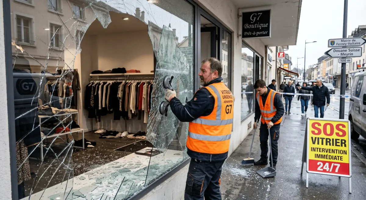 Vitriers nettoyant et remplaçant la vitrine brisée d'une boutique pendant le G7 à Genève
