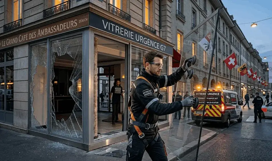 Vitrier d'urgence en intervention sur une vitrine brisée à Genève pendant le G7